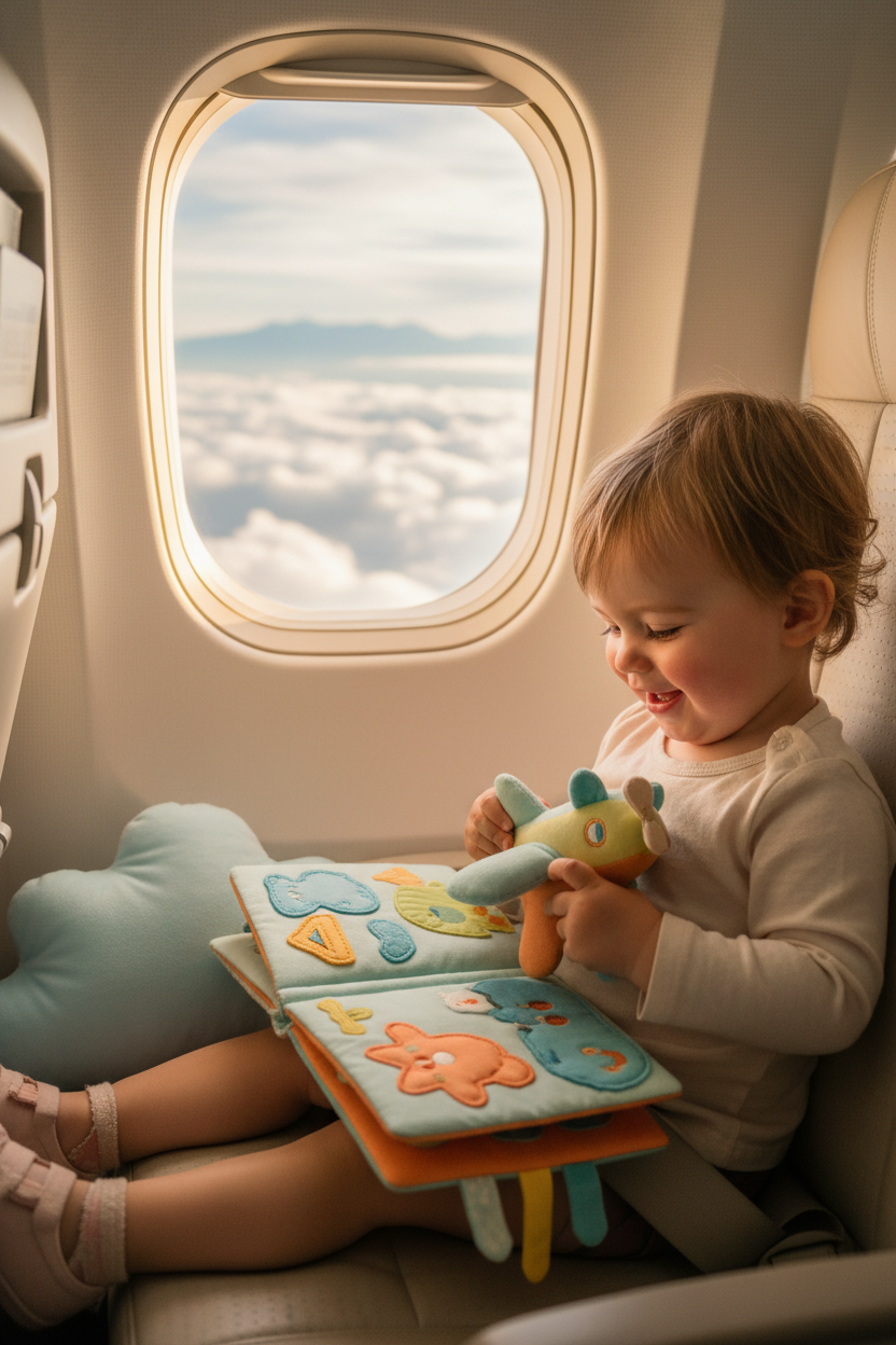 Child travelling with activity book